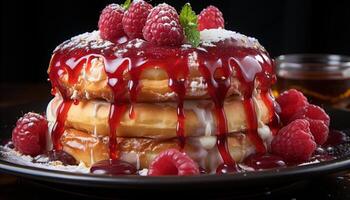 AI generated Freshness and sweetness on a plate, homemade gourmet raspberry pancake generated by AI photo