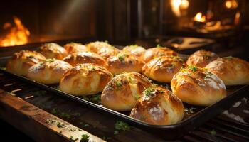 AI generated Freshly baked bread on a dark table, ready to eat generated by AI photo