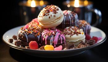 AI generated Indulgent gourmet dessert  chocolate cake with raspberry icing and fresh strawberries generated by AI photo