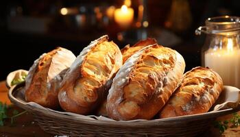 AI generated Freshly baked bread on a wooden table, a gourmet homemade meal generated by AI photo