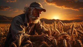 ai generado agricultura hombres trabajando en naturaleza, cosecha trigo a puesta de sol generado por ai foto