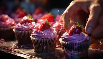 AI generated A homemade gourmet cupcake with fresh strawberry icing and decoration generated by AI photo