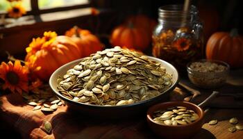 AI generated Autumn harvest  fresh, organic pumpkin seed snack on rustic table generated by AI photo