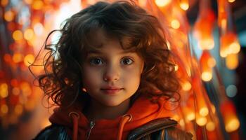 AI generated Smiling child looking at camera, illuminated by Christmas lights generated by AI photo