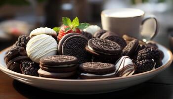 ai generado gastrónomo postre indulgencia en mesa Fresco chocolate Galleta tentación generado por ai foto