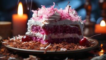 AI generated Indulgent gourmet dessert, homemade chocolate cheesecake with fresh strawberry sauce generated by AI photo
