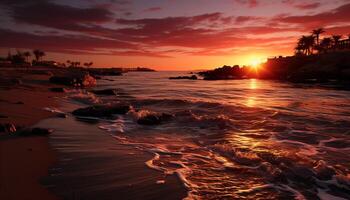 ai generado puesta de sol terminado el agua, naturaleza belleza en un tranquilo marina generado por ai foto