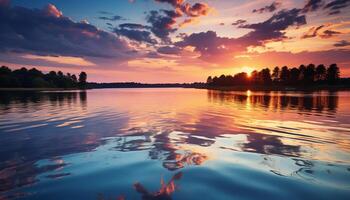ai generado puesta de sol refleja en tranquilo estanque, naturaleza belleza en vibrante colores generado por ai foto