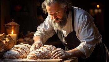 AI generated A mature man baking homemade bread in a workshop kitchen generated by AI photo