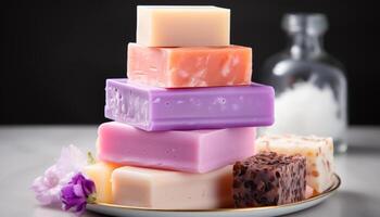 AI generated Aromatherapy soap stack, nature beauty in a domestic bathroom generated by AI photo