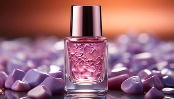 ai generado lujo belleza producto botella en rosa, púrpura, y azul colores generado por ai foto