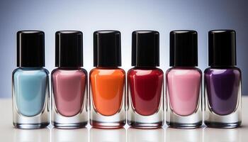 AI generated A row of vibrant, shiny nail polishes in a glass bottle generated by AI photo
