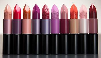 AI generated A vibrant collection of multi colored lipsticks in a row generated by AI photo