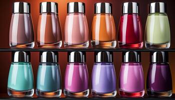 AI generated A glamorous collection of beauty products in shiny, multi colored bottles generated by AI photo