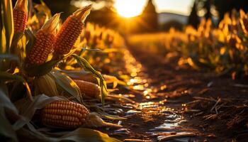 AI generated Rural scene, autumn sunset, corn crop, organic harvest, fresh vegetables generated by AI photo