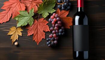 AI generated Autumn table, wood background, wine bottle, grape bunch, fresh drink generated by AI photo