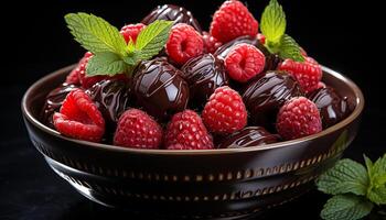 AI generated Freshness and sweetness in a bowl of gourmet raspberry dessert generated by AI photo