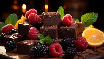 AI generated Chocolate dessert, gourmet sweet food, raspberry candy, indulgence in dark freshness generated by AI photo