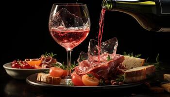 AI generated A gourmet meal prosciutto, pork, bread, tomato, wine, and meat generated by AI photo