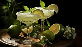 AI generated Refreshing mojito, citrus fruit, mint leaf, ice, drinking glass generated by AI photo