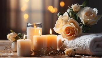 AI generated Luxury candlelight, relaxation, nature beauty, burning bouquet, scented elegance generated by AI photo