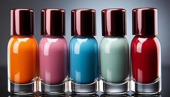AI generated Fashionable women nail polish collection in a shiny glass bottle generated by AI photo