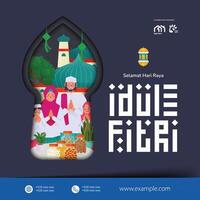 Selamat Idul Fitri, translation Happy Eid Al Fitr with Flat design moslem family illustration vector