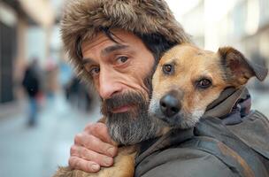 ai generado hombre con perro en ciudad foto