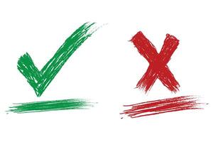 Derecha y incorrecto icono, mano dibujado verde cheque marca y rojo cruzar marca aislado en blanco antecedentes vector ilustración.
