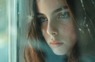 AI generated Girl with blue eyes at window photo