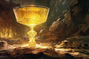 AI generated Illuminated golden goblet in cave photo