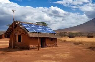 ai generado barro casa con solar paneles foto