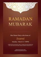 Iftar invitation card for Ramadan Kareem on Islamic vector background