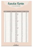 Ramadan Calendar 2024 With Prayer times in Ramadan. Ramadan Schedule vector design