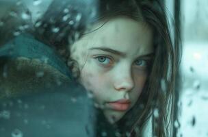 AI generated Teenage girl behind rainy window photo