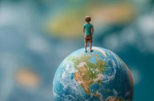 AI generated Child figurine atop Earth model photo