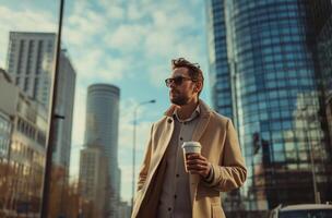 AI generated Man walking with coffee in city photo