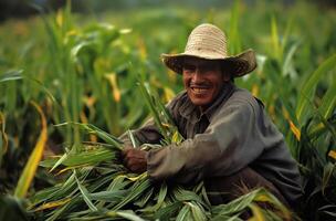 AI generated Peruvian farmer in cornfield photo