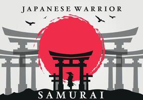 samurai en frente de tradicional japonés puerta. Japón tema antecedentes. samurai fondo de pantalla. paisaje fantasía fondo de pantalla. japonés samurai tema antecedentes. vector