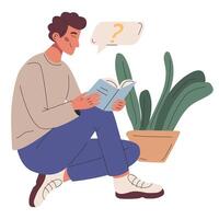 A man sits cross-legged and reading a book. Concept of habits and learning. Male reader enjoying literature or studying and preparing for exam. Vector flat illustration for website or app