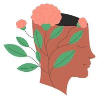 Head with growing flowers. Mental health, well being concept. Positive mindfulness. Concept of calm mind, relaxed and peaceful. Vector flat illustration for web or app