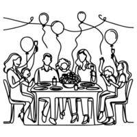 single continuous drawing black line family dinner sitting at table to celebration anniversary happy birthday party doodles vector