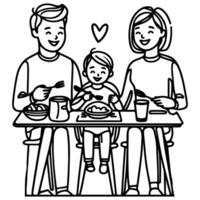 Continuous one black line art drawing happy family father and mother with child. having dinner sitting at table doodles style vector illustration on white background