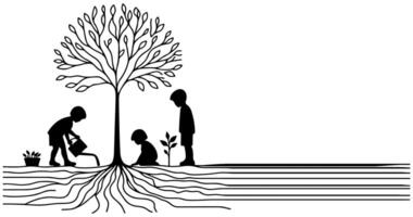 continuo uno negro línea Arte dibujo silueta de niños riego un árbol. plantando árbol a salvar el mundo y tierra día reducir global calentamiento crecimiento concepto vector ilustración en blanco antecedentes