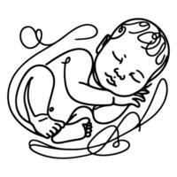 Continuous one black line art hand drawing newborn lying or sleeping doodles outline style vector illustration on white background