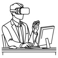 single continuous drawing black line art linear businessman in office using virtual reality headset simulator glasses with computer doodle style sketch vector