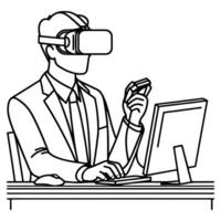 single continuous drawing black line art linear businessman in office using virtual reality headset simulator glasses with computer doodle style sketch vector