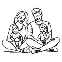 Continuous one black line art drawing happy family father and mother with child doodles style vector illustration on white