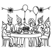 single continuous drawing black line family dinner sitting at table to celebration anniversary birthday party doodles vector