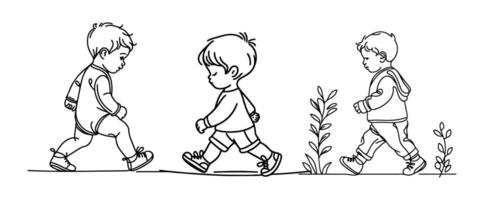 continuo uno negro línea Arte mano dibujo niño caminando garabatos contorno dibujos animados caracteres conjunto estilo colorante página vector ilustración en blanco antecedentes